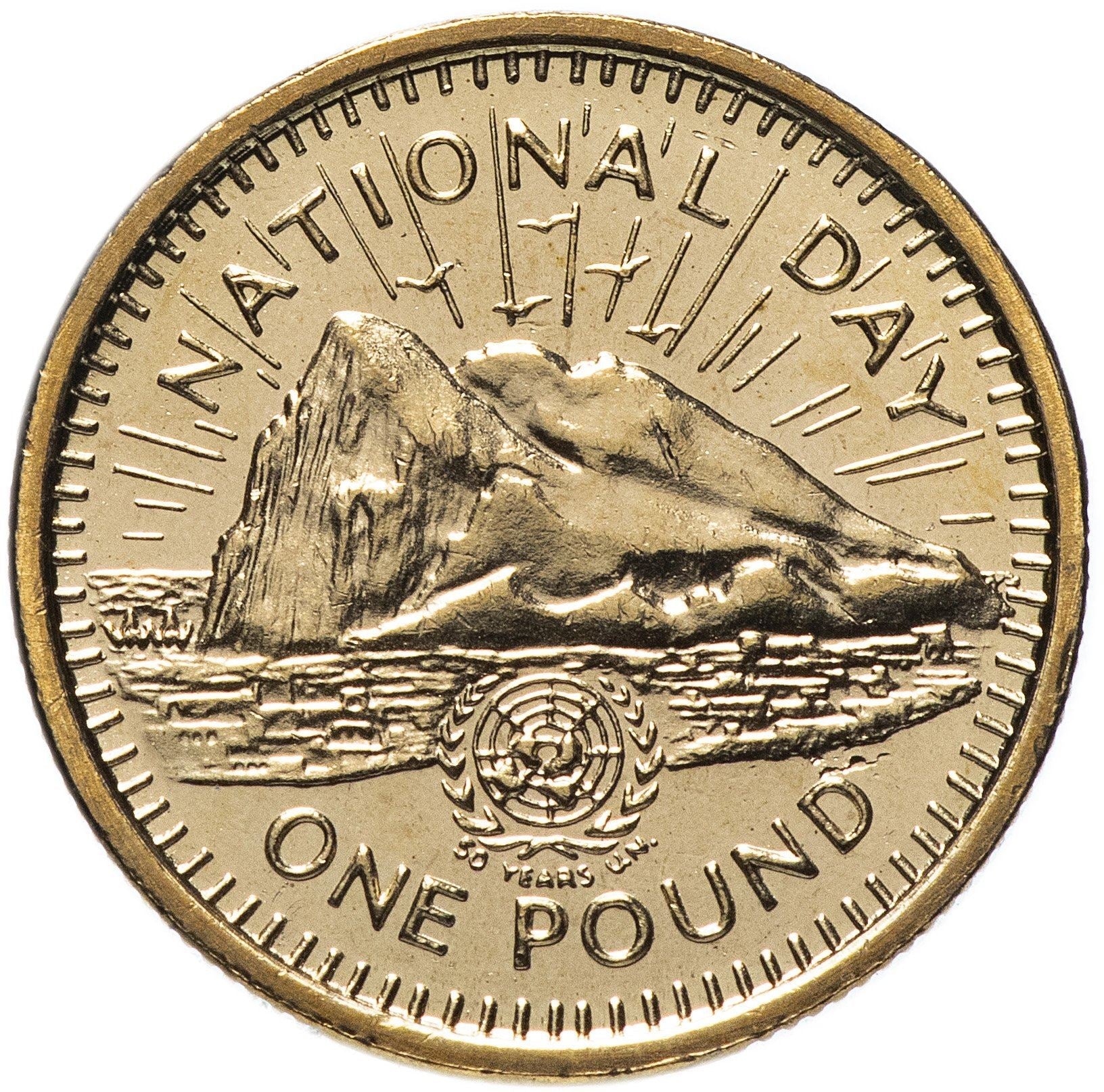 Gibraltar | 1 Pound Coin | Queen Elizabeth II | National Day | Gibraltar Rock | Bird | Sun | KM340 | 1995