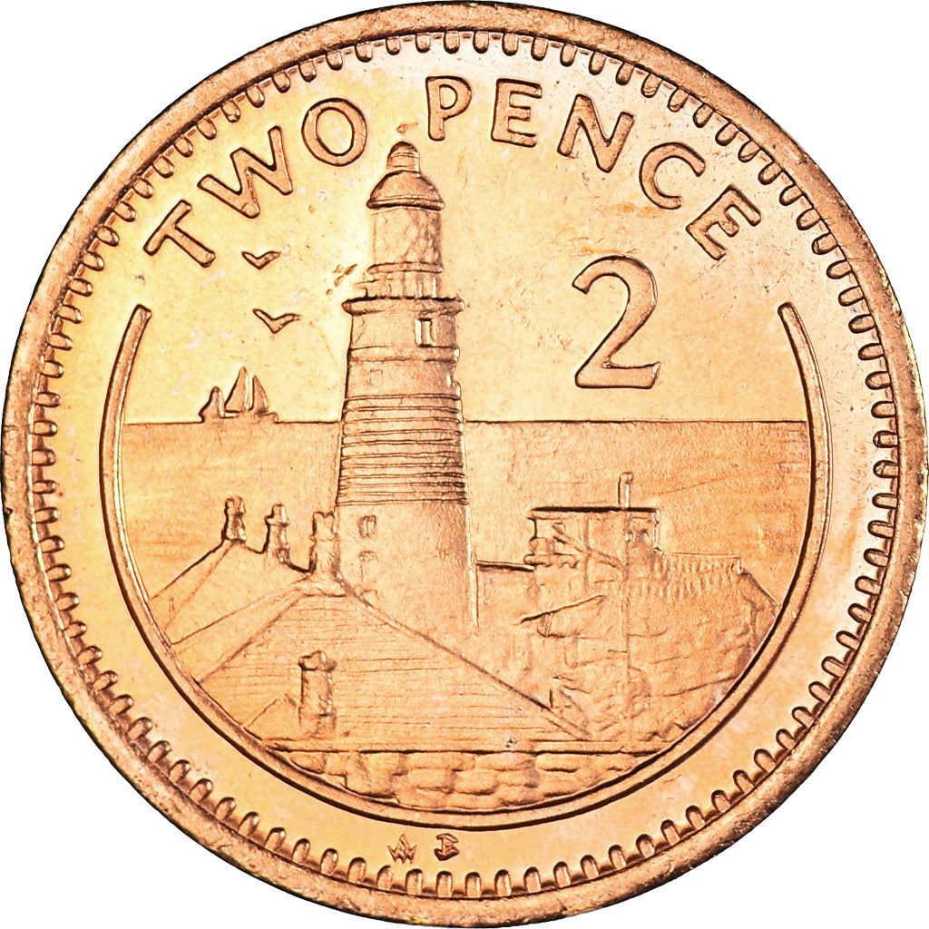 Gibraltar | 2 Pence Coin | Queen Elizabeth II | Europa Point Lighthouse | KM21a | 1995 - 1997