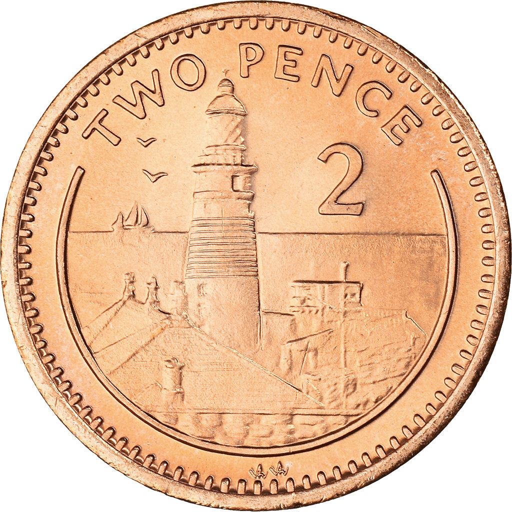 Gibraltar | 2 Pence Coin | Queen Elizabeth II | Europa Point Lighthouse | KM21a | 1995 - 1997