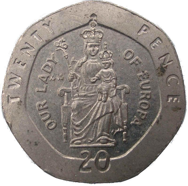 Gibraltar | 20 Pence Coin | Queen Elizabeth II | Our Lady of Europa | KM16 | 1988 - 1997