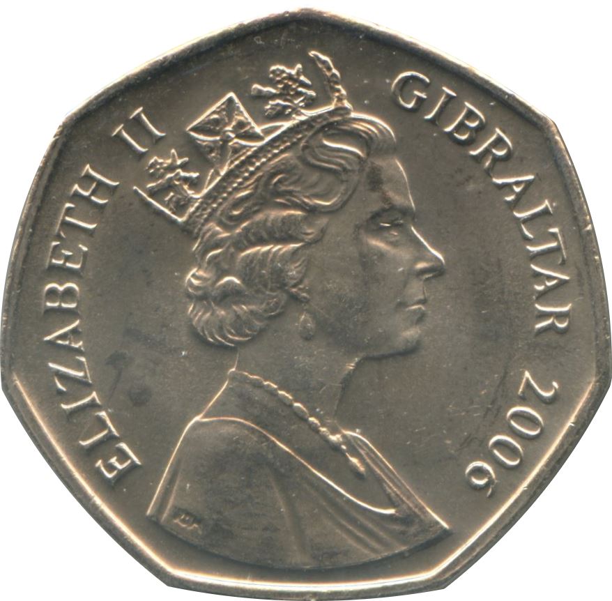 Gibraltar | 50 Pence Coin | Queen Elizabeth II | Capture of Gibraltar | Warship | KM1089 | 2006 - 2011