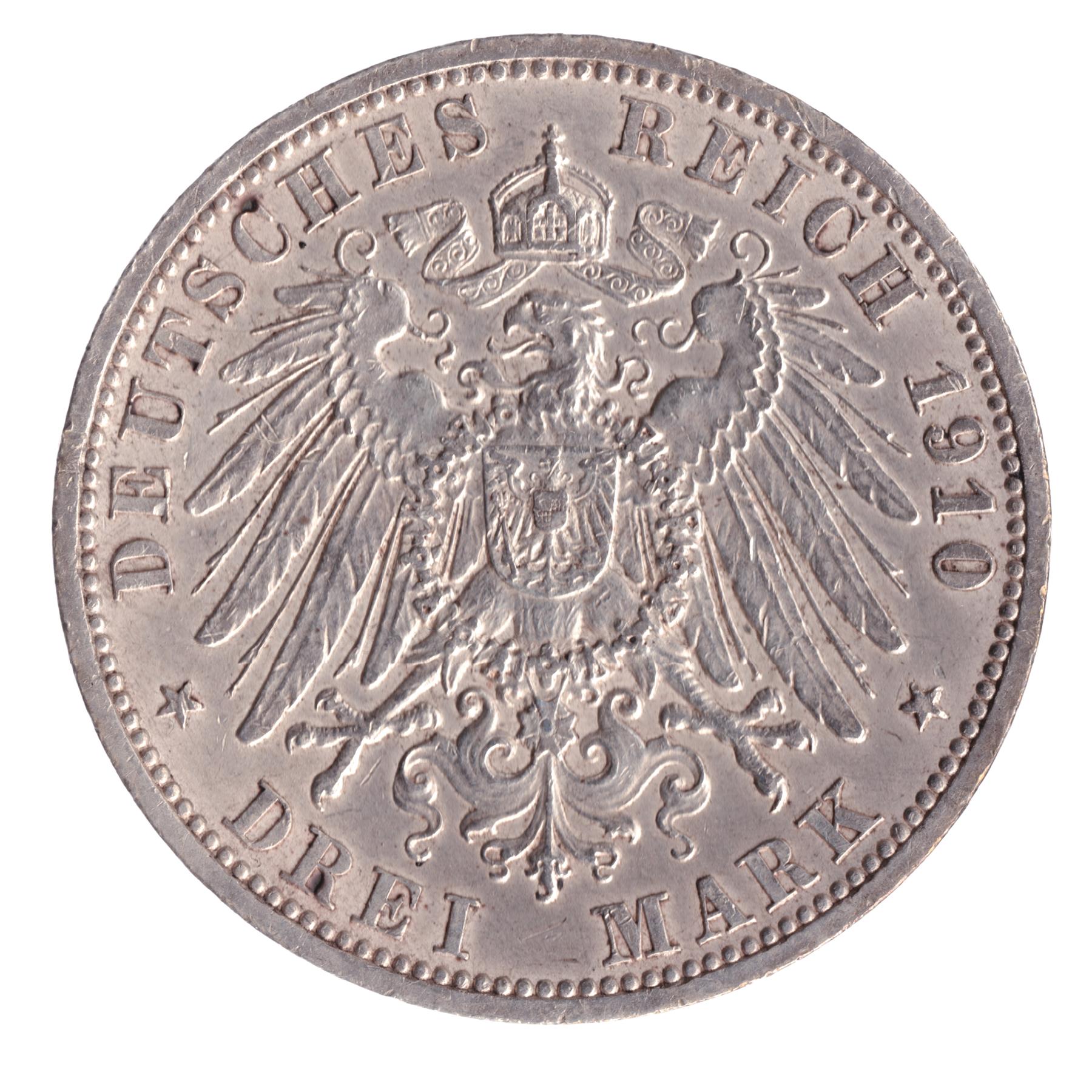 Grand duchy of Hessen - Darmstadt | 3 Mark Coin | German State | Ernst Ludwig | KM375 | 1910