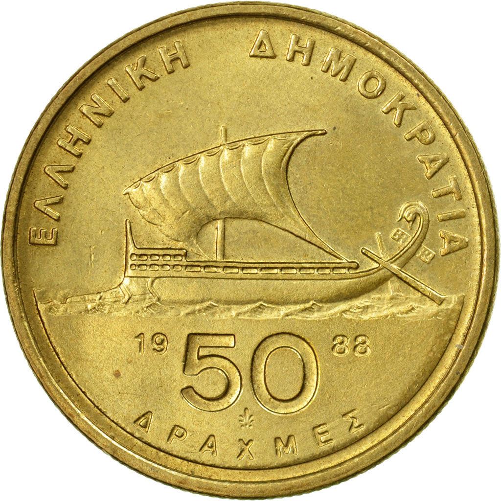 Greece Coin Greek 50 Drachmes | Homer | Trireme Ship | KM147 | 1986 - 2000