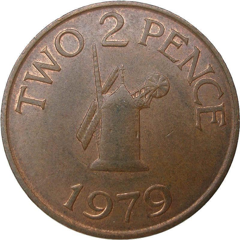 Guernsey Coin | 2 Pence | Queen Elizabeth II | Sark Windmill | KM28 | 1977 - 1981