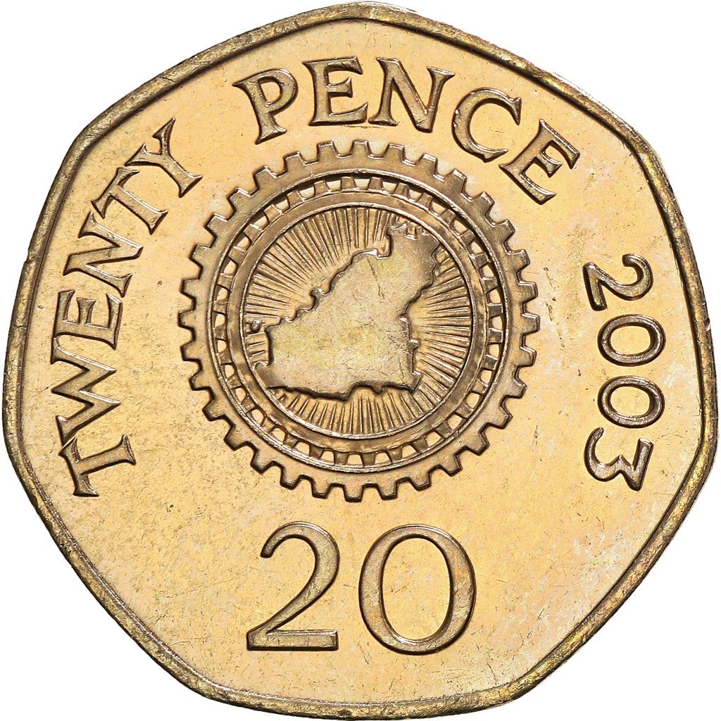 Guernsey Coin | 20 Pence | Queen Elizabeth II | Cogwheel | Island Map | KM90 | 1999 - 2012