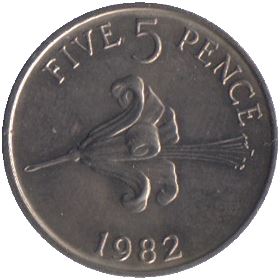 Guernsey Coin | 5 Pence | Queen Elizabeth II | Guernsey Lily | KM29 | 1977 - 1982