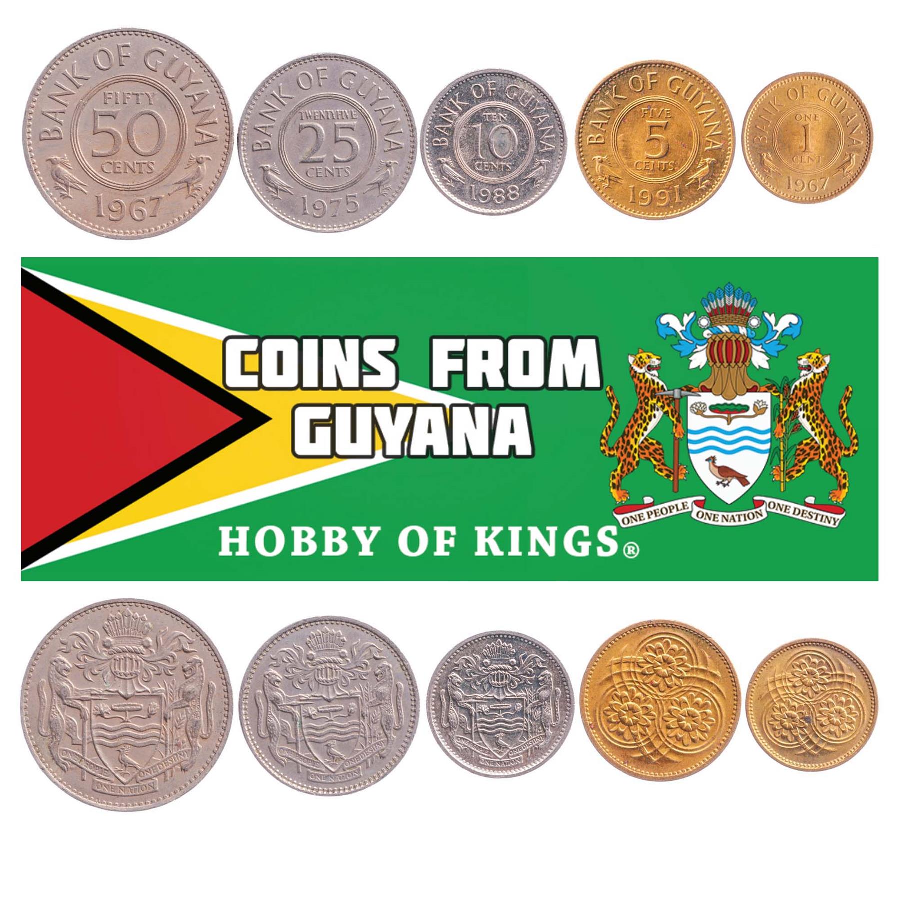 Guyanese 5 Coin Set 1 5 10 25 50 Cents | Lotus | Hoatzin | 1967 - 1992