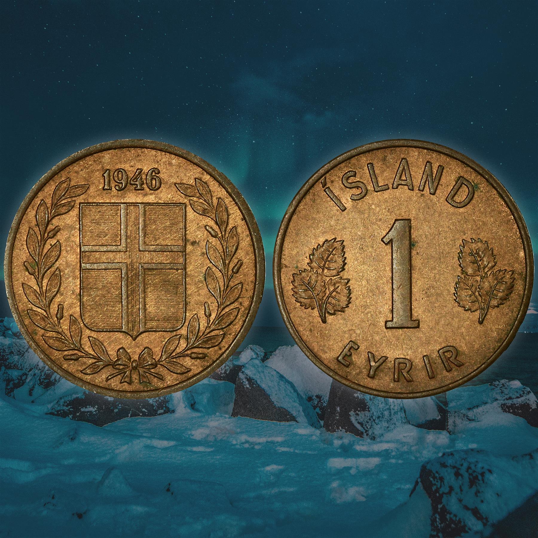 Iceland 1 Eyrir Coin | Icelandic Betula Pubescens | KM8 | 1946 - 1966