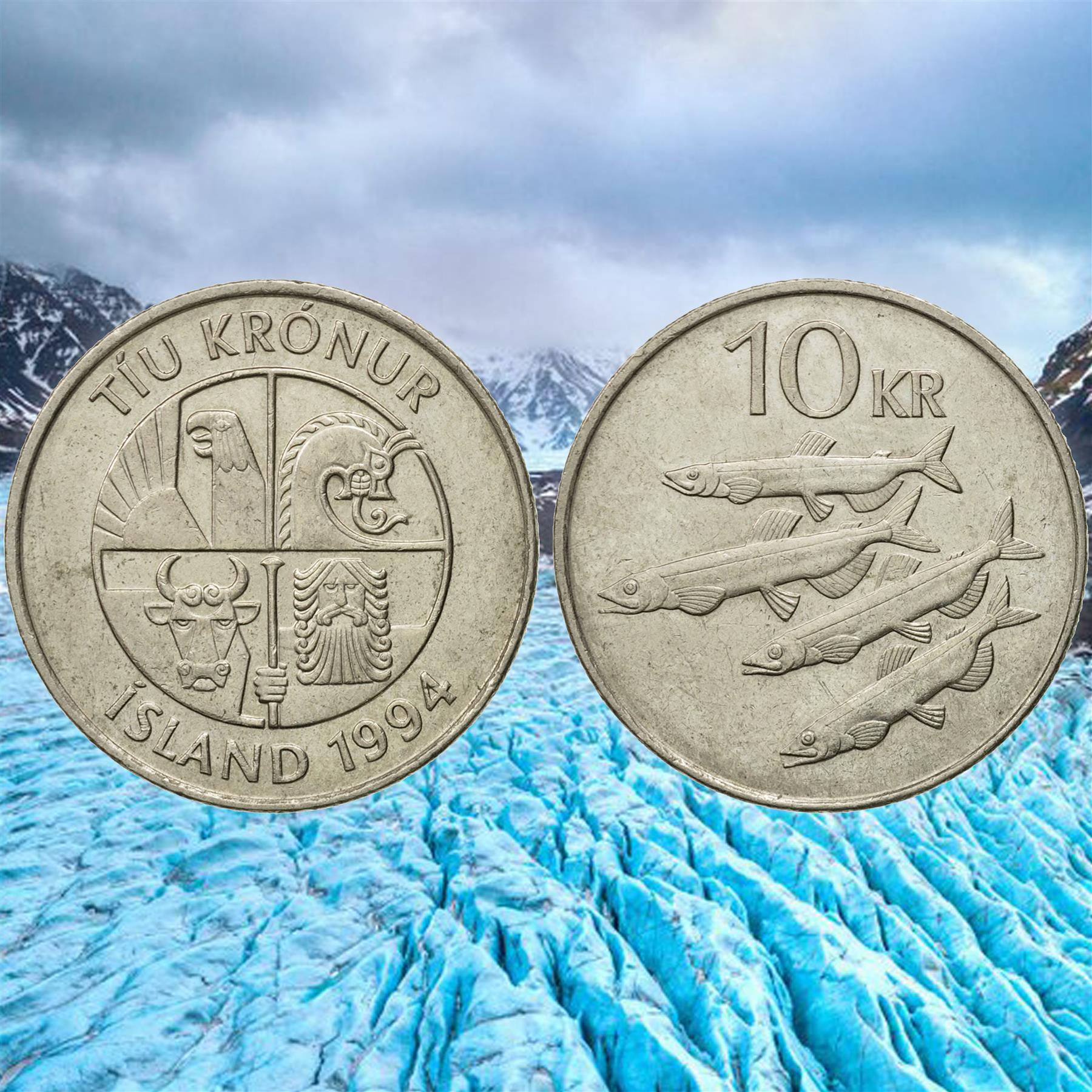 Iceland 10 Kronur | 100 Coins | Dragon Dreki | Capelin Fish | Icelander | 1984 - 1994