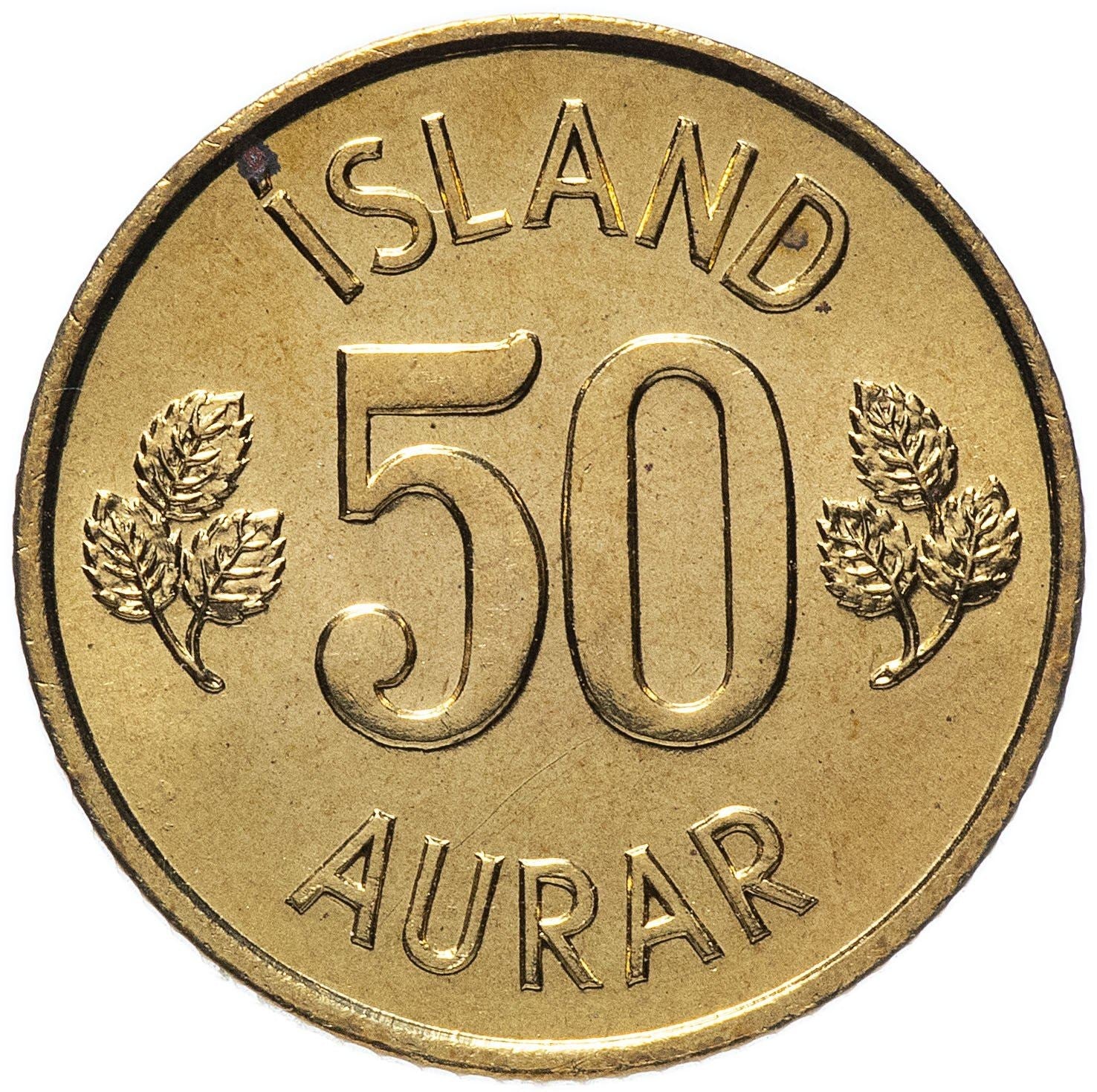 Iceland Coin Icelander 50 Aurar | Betula Pubescens Leaves | KM17 | 1969 - 1974