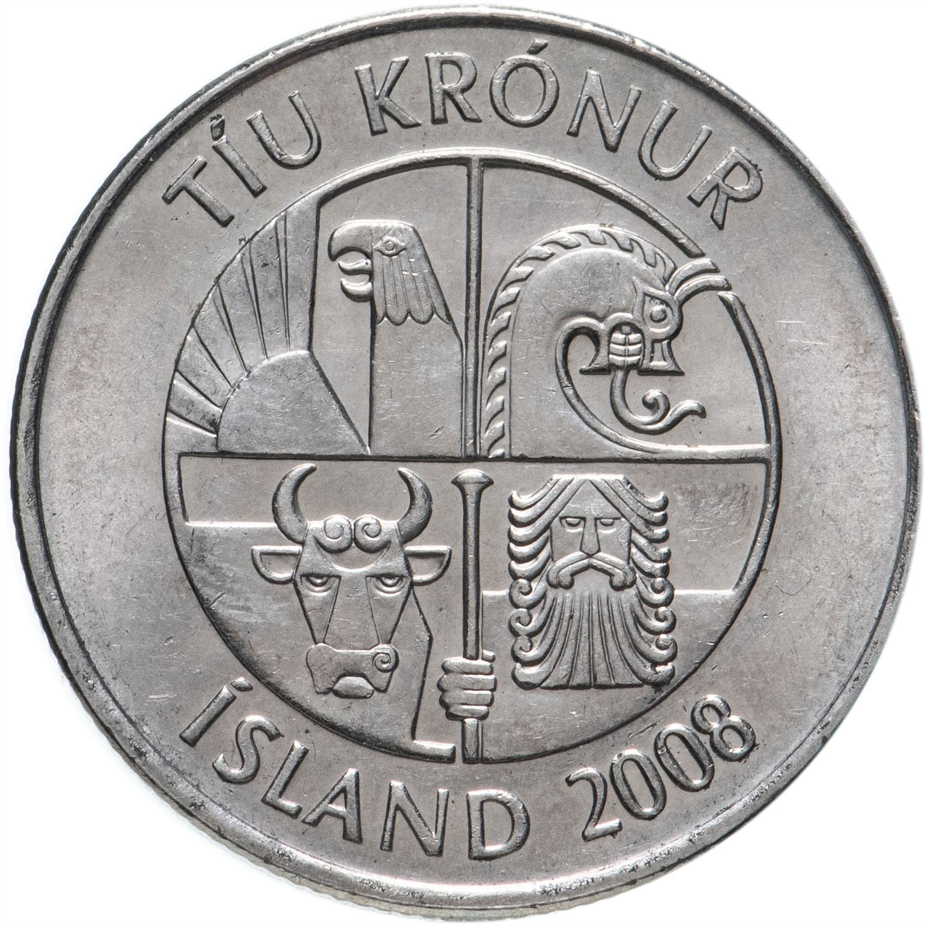 Icelander 10 Kronur Coin | Bull Grioungur | Eagle Gammur | Dragon Dreki | Giant Bergrisi | Capelin Fish | Iceland | KM29.1a | 1996 - 2008