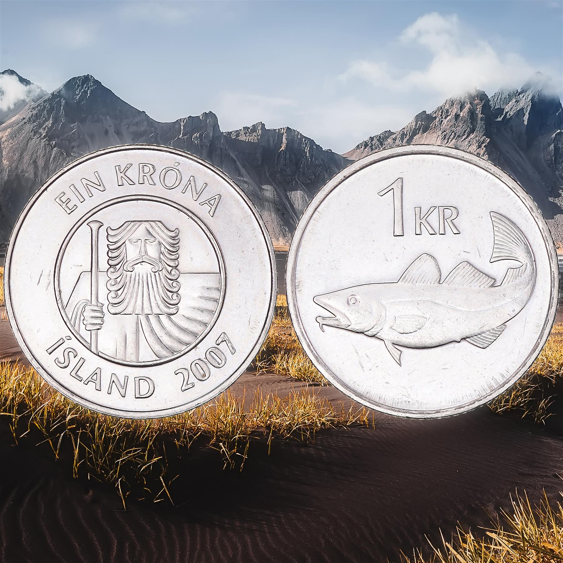 Icelander 5 Coin Set 1 5 10 50 100 Krónur | Bull | Eagle | Stingray | Cod | Cyclopterus Lumpus | Dolphins | Landvættir | Iceland | 1987 - 2011