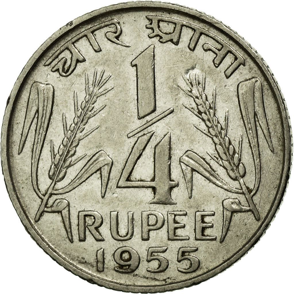 India | 1/4 Rupee Coin | Ashoka lion | Km:5.3 | 1954 - 1956