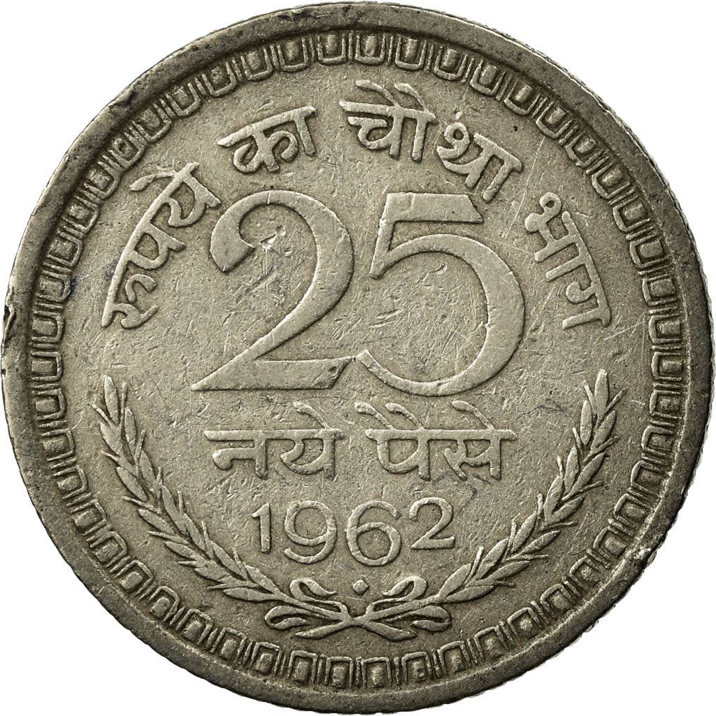 India | 25 Naye Paise Coin | Ashoka lion | Km:47.1 | 1957 - 1963