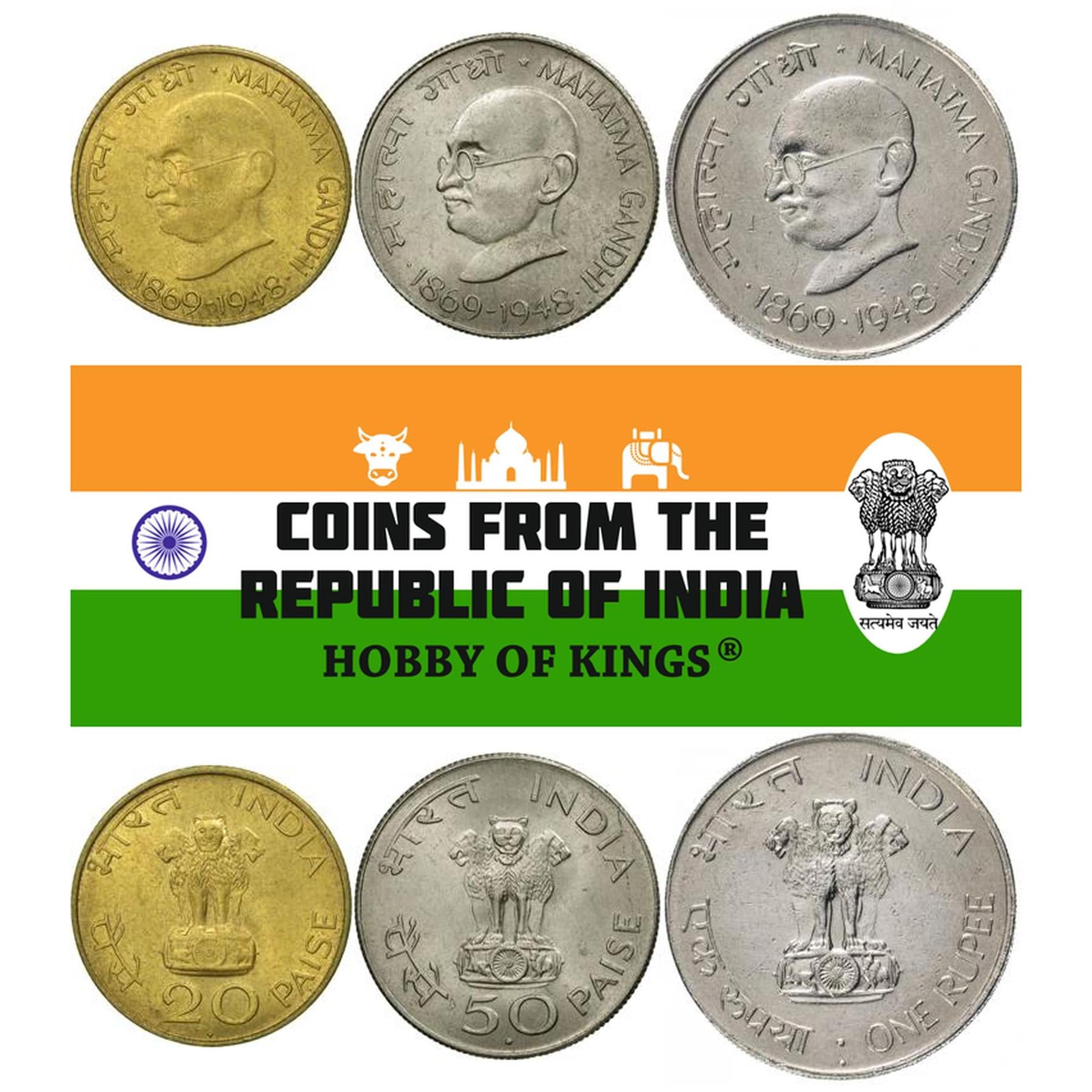 India | 3 Coin Set | 20 50 Paise 1 Rupee | 1969