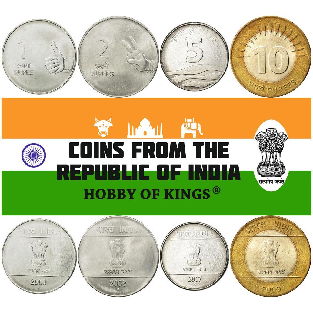 India | 4 Coin Set | 1 Rupee 2 5 10 Rupees | 2007 - 2011