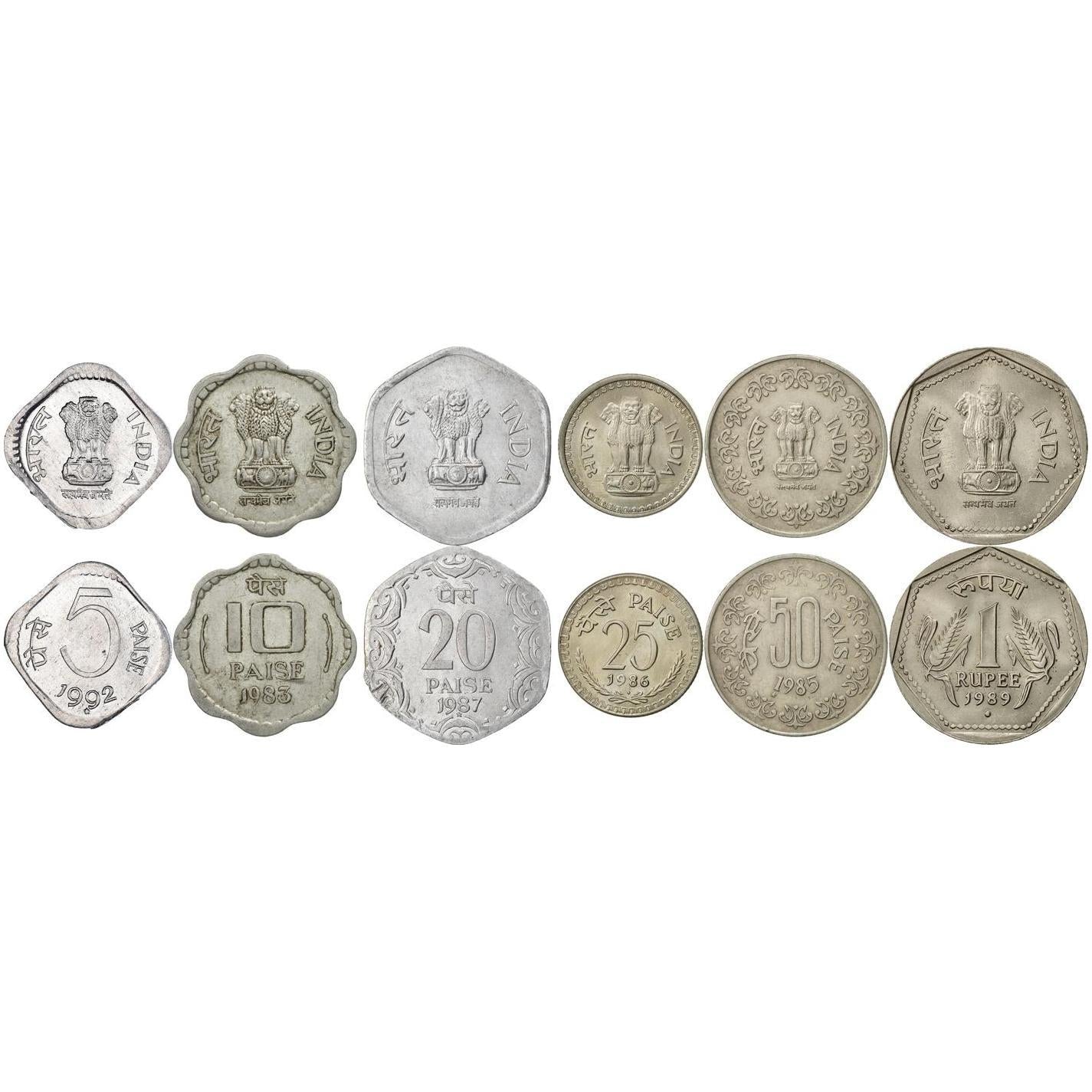 India | 6 Coin Set | 5 10 20 25 50 Paise 1 Rupee | 1982 - 1994