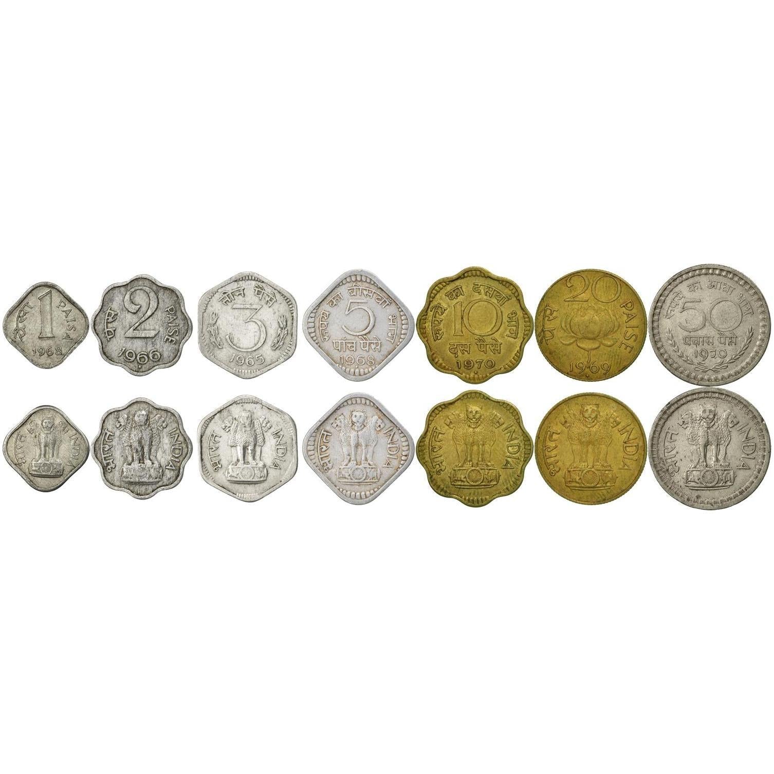 India | 7 Coin Set | 1 2 3 5 10 20 50 Paisa | 1965 - 1971