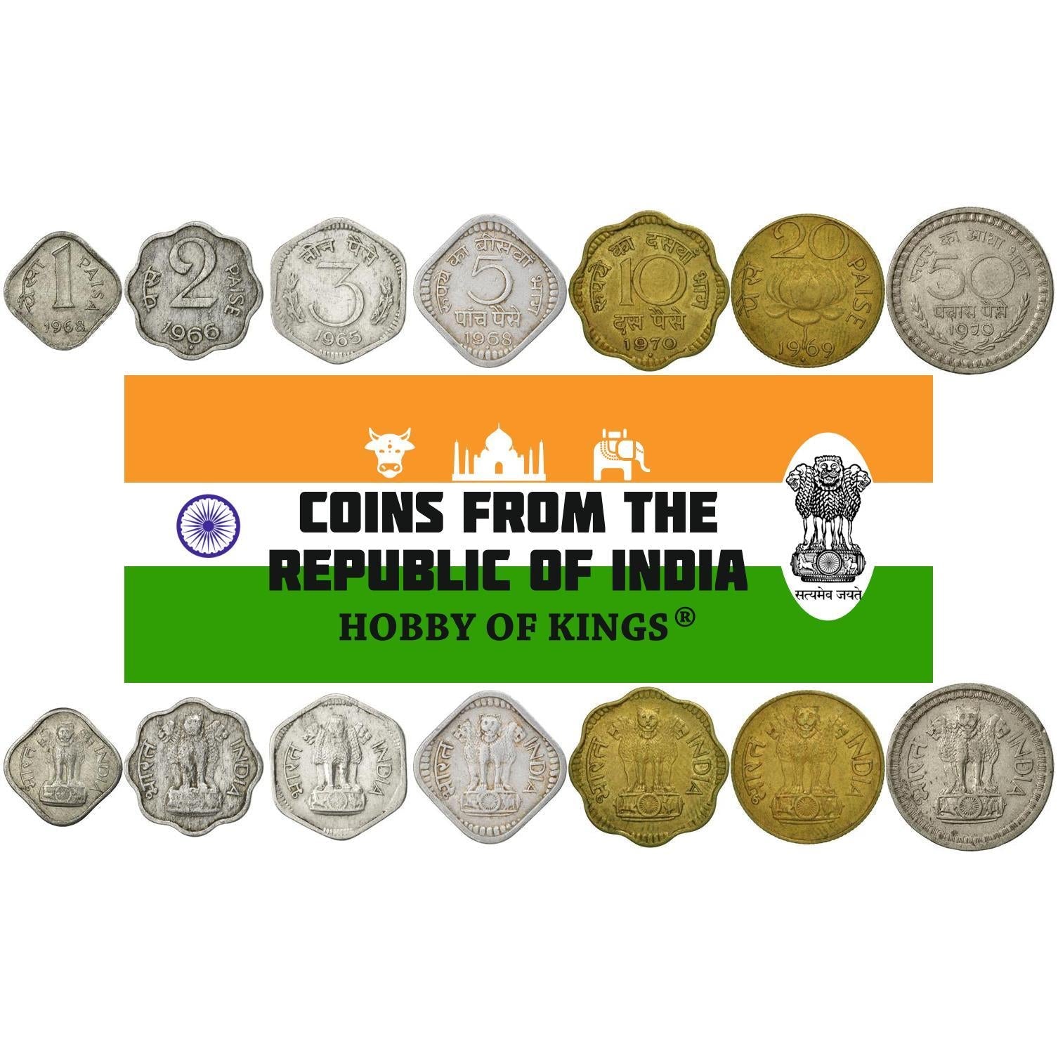 India | 7 Coin Set | 1 2 3 5 10 20 50 Paisa | 1965 - 1971