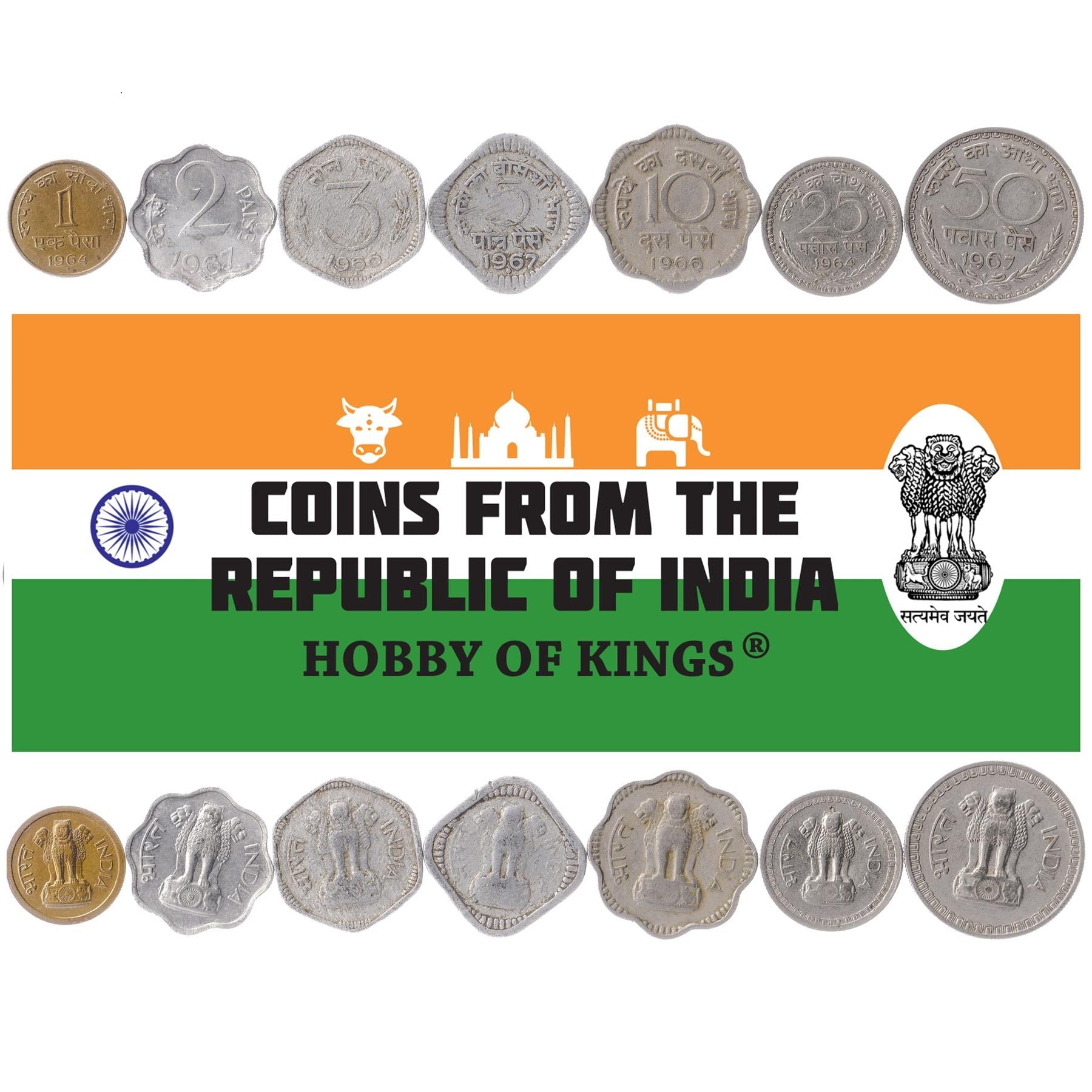 India | 7 Coin Set | 1 2 3 5 10 25 50 Paisa | 1964 - 1972