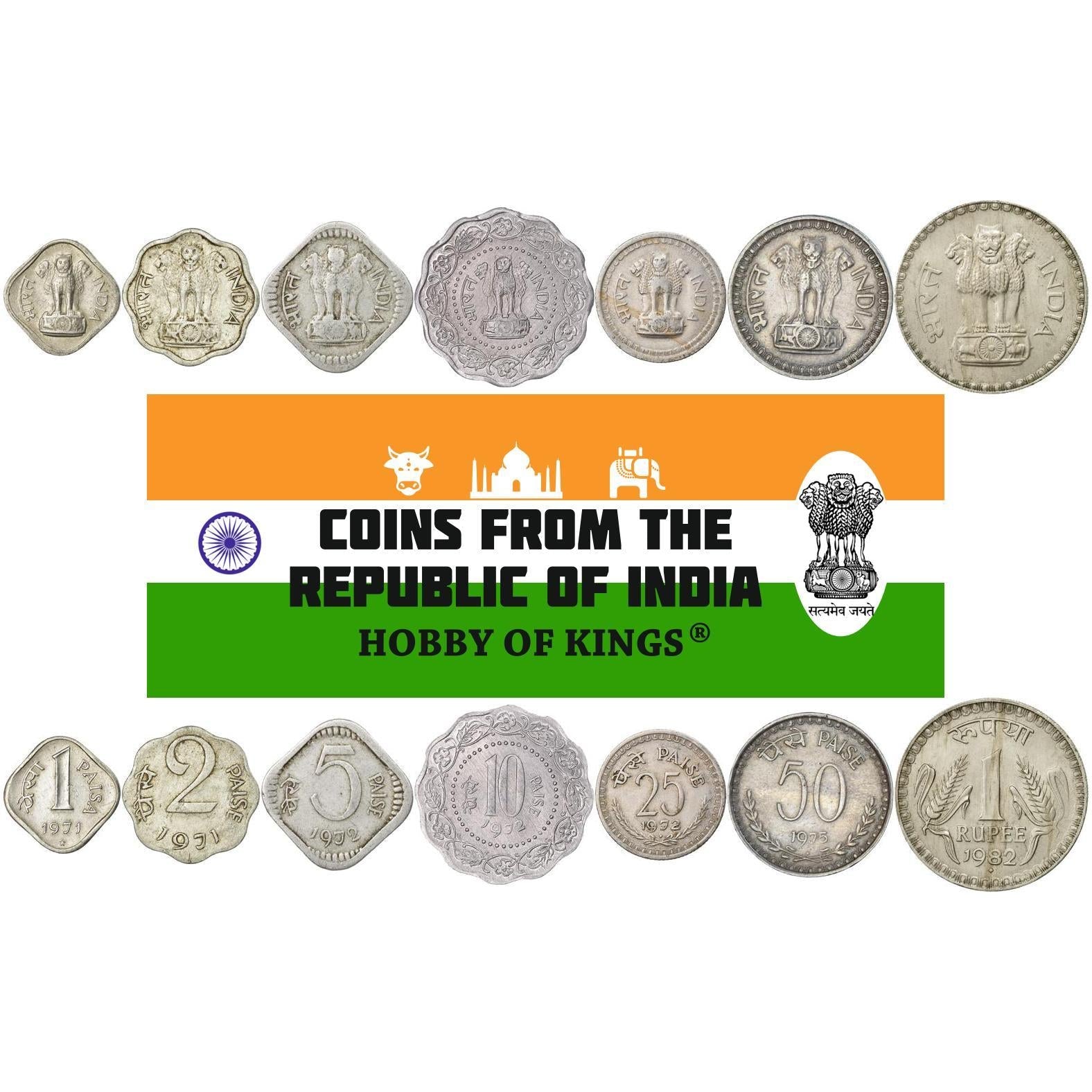 India | 7 Coin Set | 1 2 5 10 25 50 Paisa 1 Rupee | 1971 - 1984