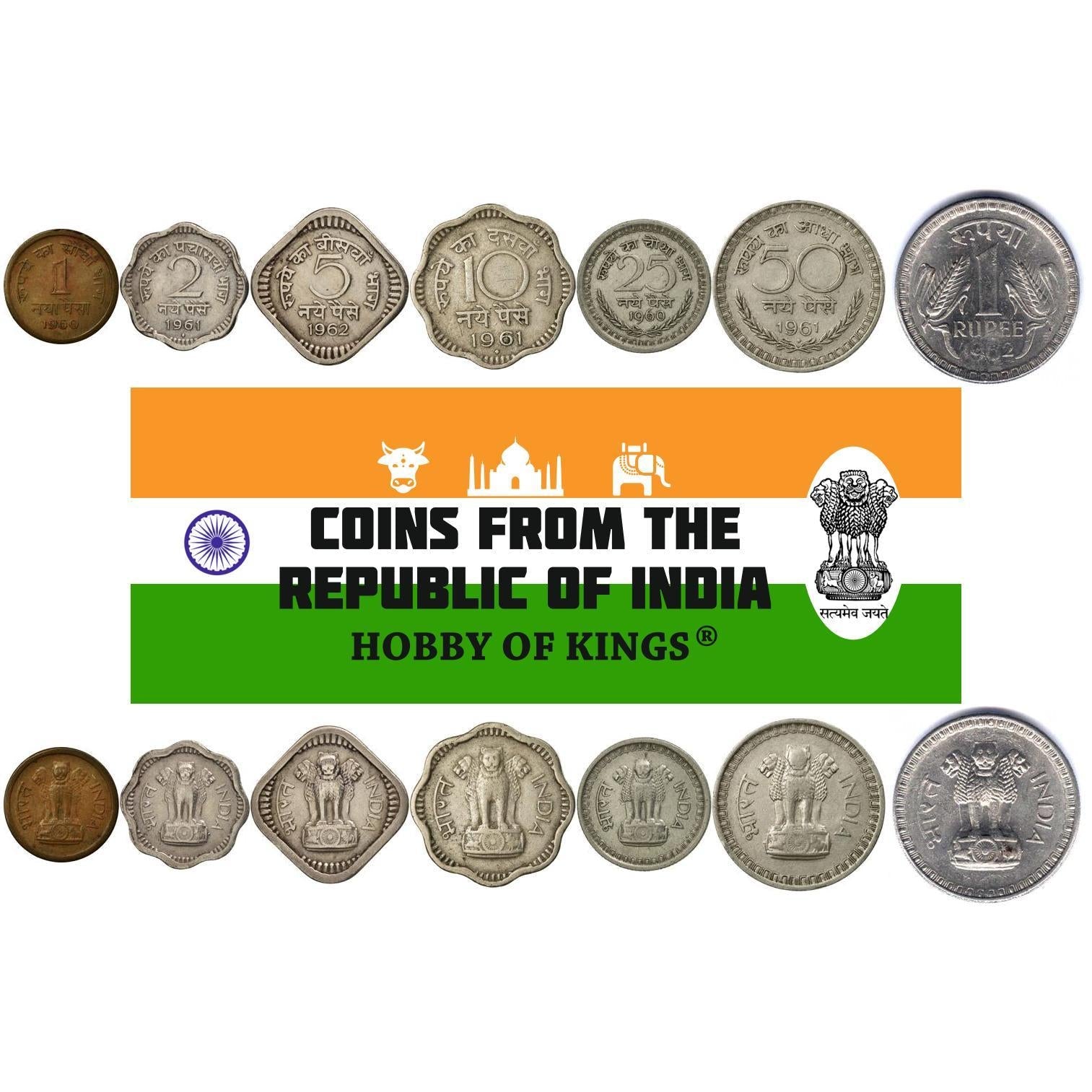 India | 7 Coin Set | 1 Naya 2 Naye 5 Naye 10 Naye 25 Naye 50 Naye Paisa 1 Rupee | 1957 - 1963