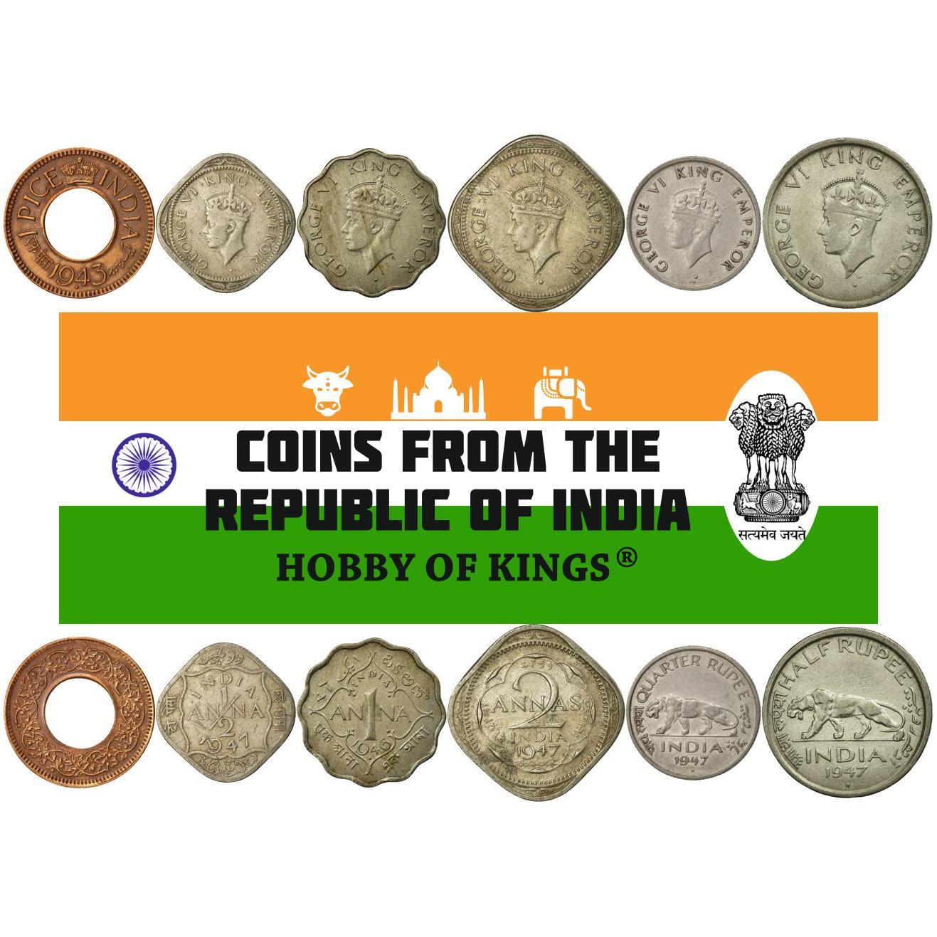 India - British | 6 Coin Set | 1 Pice 1/2 1 Anna 2 Annas 1/4 1/2 Rupee | 1943 - 1947