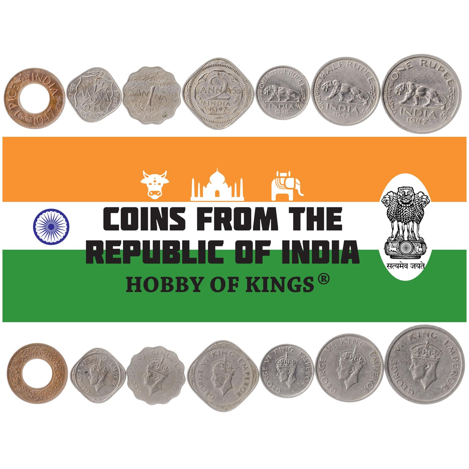 India - British | 7 Coin Set | 1 Pice 1/2 1 Anna 2 Annas 1/4 1/2 1 Rupee | 1943 - 1947