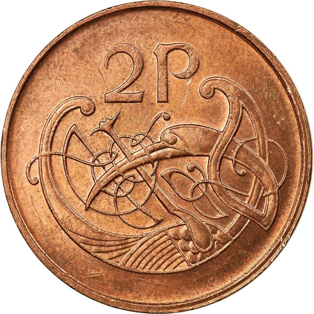 Ireland Coin Irish 2 Pence | Harp | Book of Kells | KM21a | 1988 - 2000