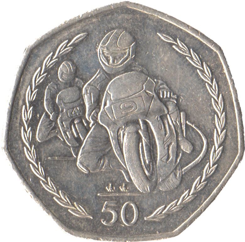 Isle of Man | 50 Pence Coin | Queen Elizabeth II | TT Motorcycle Races | KM806 | 1997