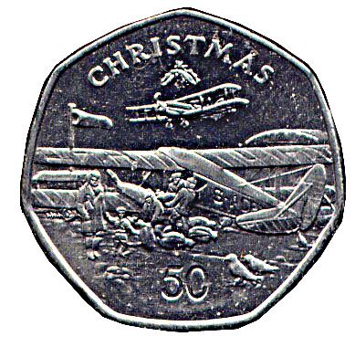 Isle of Man Coin Man 50 Pence | Queen Elizabeth II | Christmas | Plane | KM158 | 1985