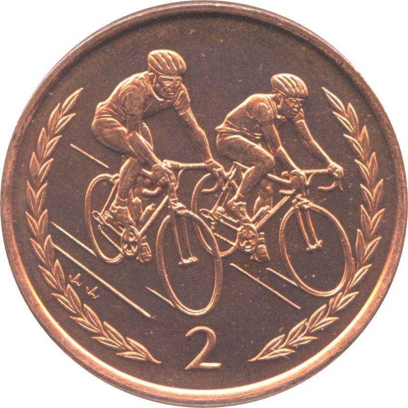 Isle of Man Coin Manx 2 Pence | Queen Elizabeth II | Bicyclists Racing | KM589 | 1996 - 1997