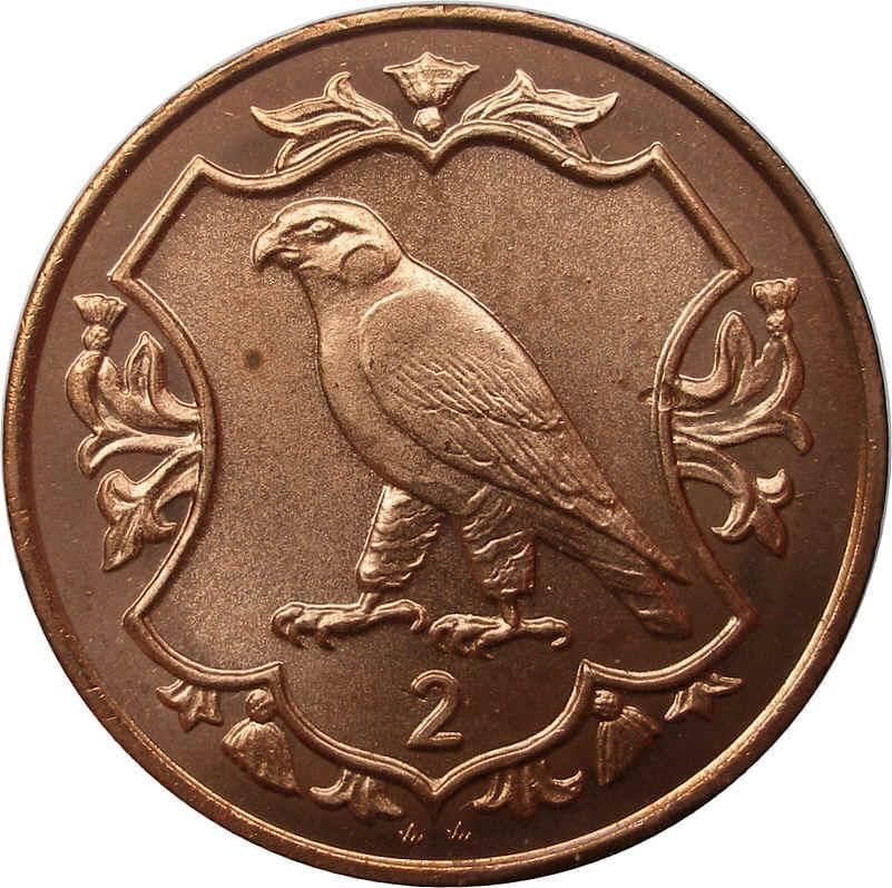 Isle of Man Coin Manx 2 Pence | Queen Elizabeth II | Peregrine Falcon | Shield | KM144 | 1985 - 1987