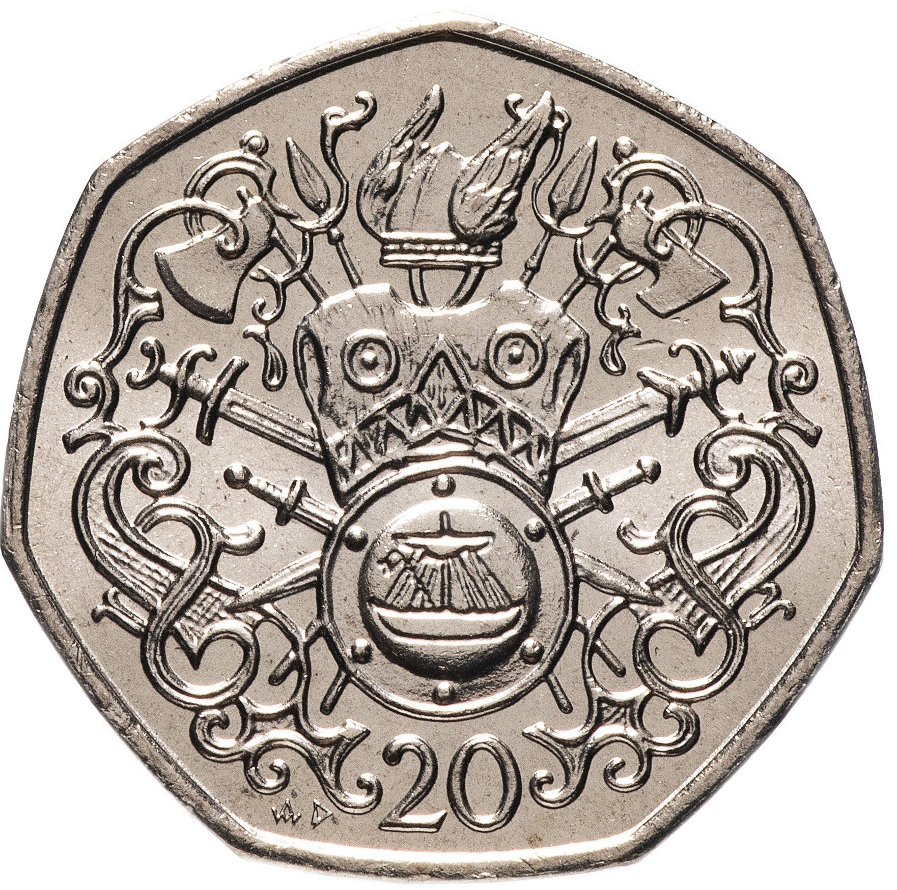 Isle of Man Coin Manx 20 Pence | Queen Elizabeth II | Shield | Sword | Helmet | Armor | KM90 | 1982 - 1983