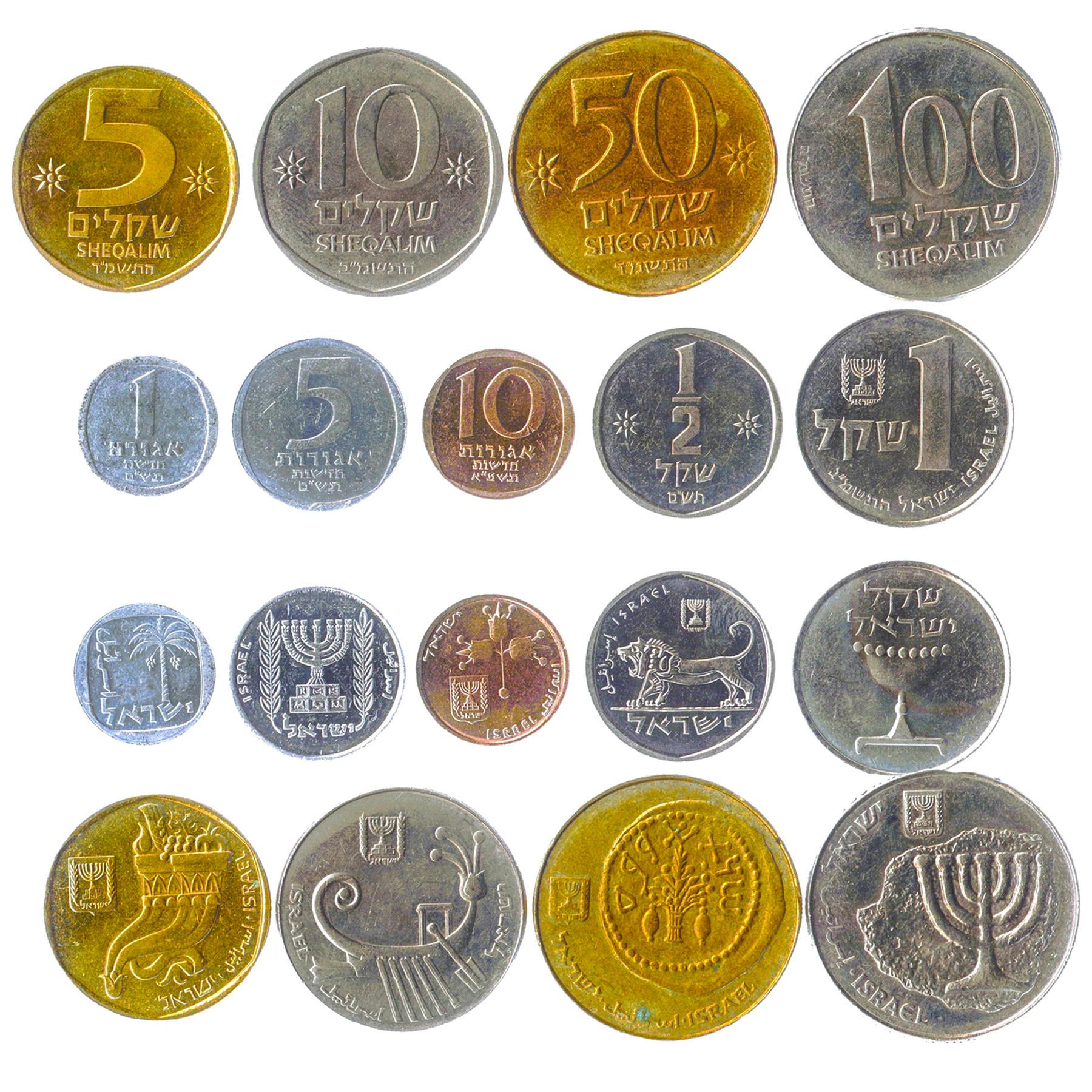 Israeli 9 Coin Set 1 5 10 New Agorot ½ 1 5 10 50 100 Sheqalim | Olive Branch | Palm Tree | Lion | Star | Grenadine Fruit | Lulav | Omer Cup | Cornucopia | Ribbon | Candelabrum | 1980 - 1985