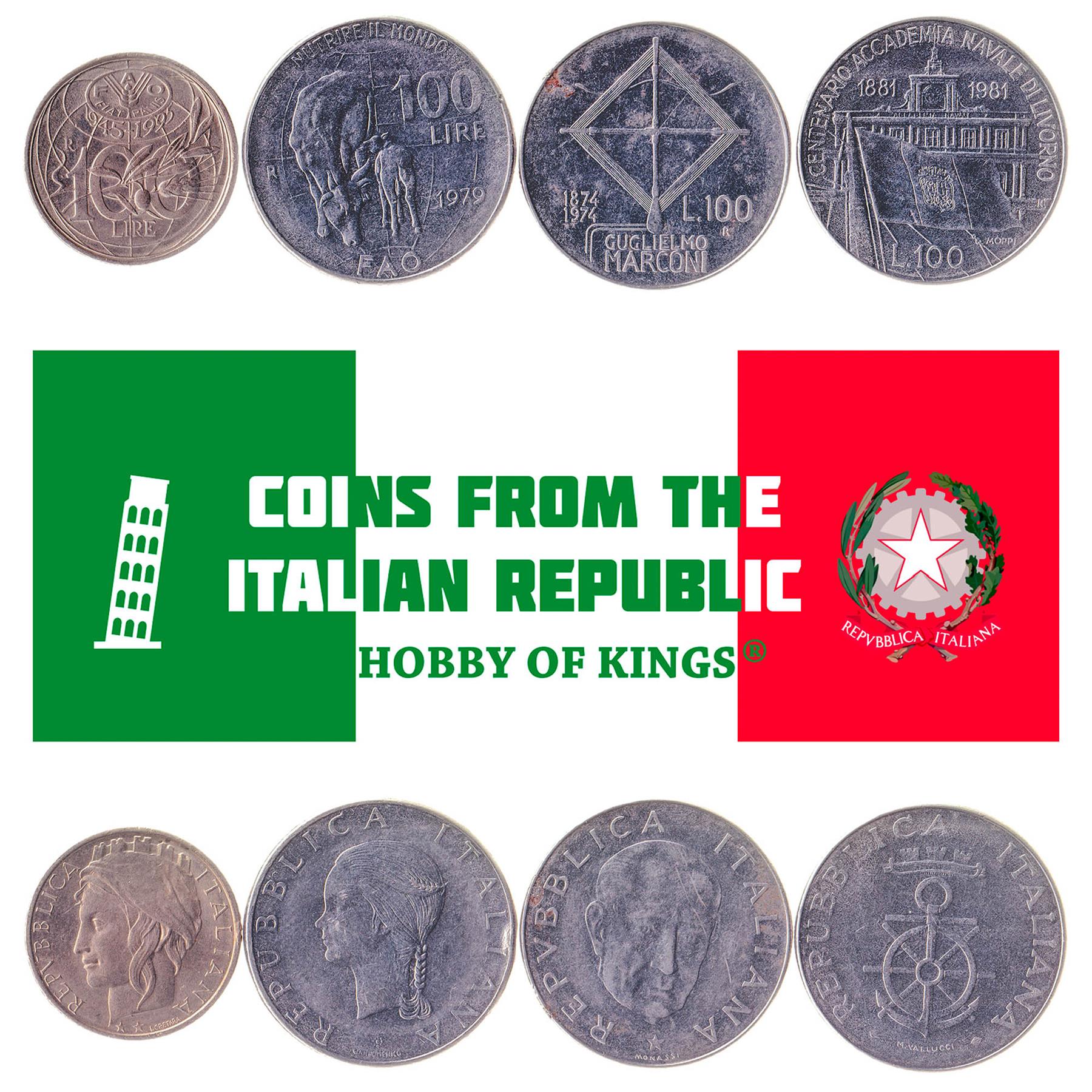 Italian 4 Coin Set 100 Lire | Wheat Sprig | Cow | Livorno Naval Academy | Guglielmo Marconi | Globe | Star | Ceres | Livorno Naval Academy Emblem | Calf | Italy Navy Flag | Anchor | Radio Antenna | Crown | 1974 - 1995