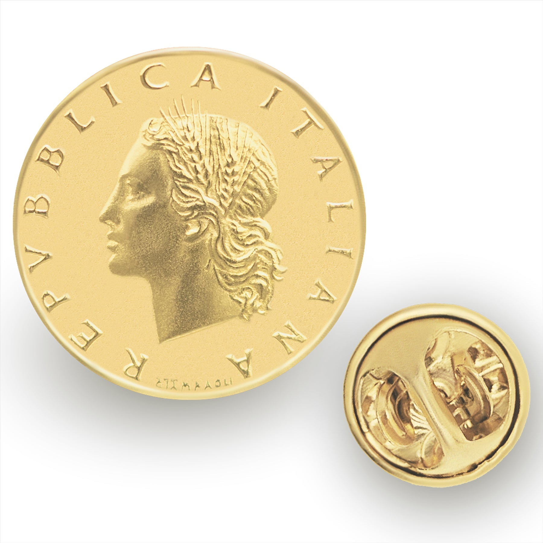 Italian Coin Pin Brooch Badge | Genuine 20 Lire | 18K Gold Plated | Goddess Roma