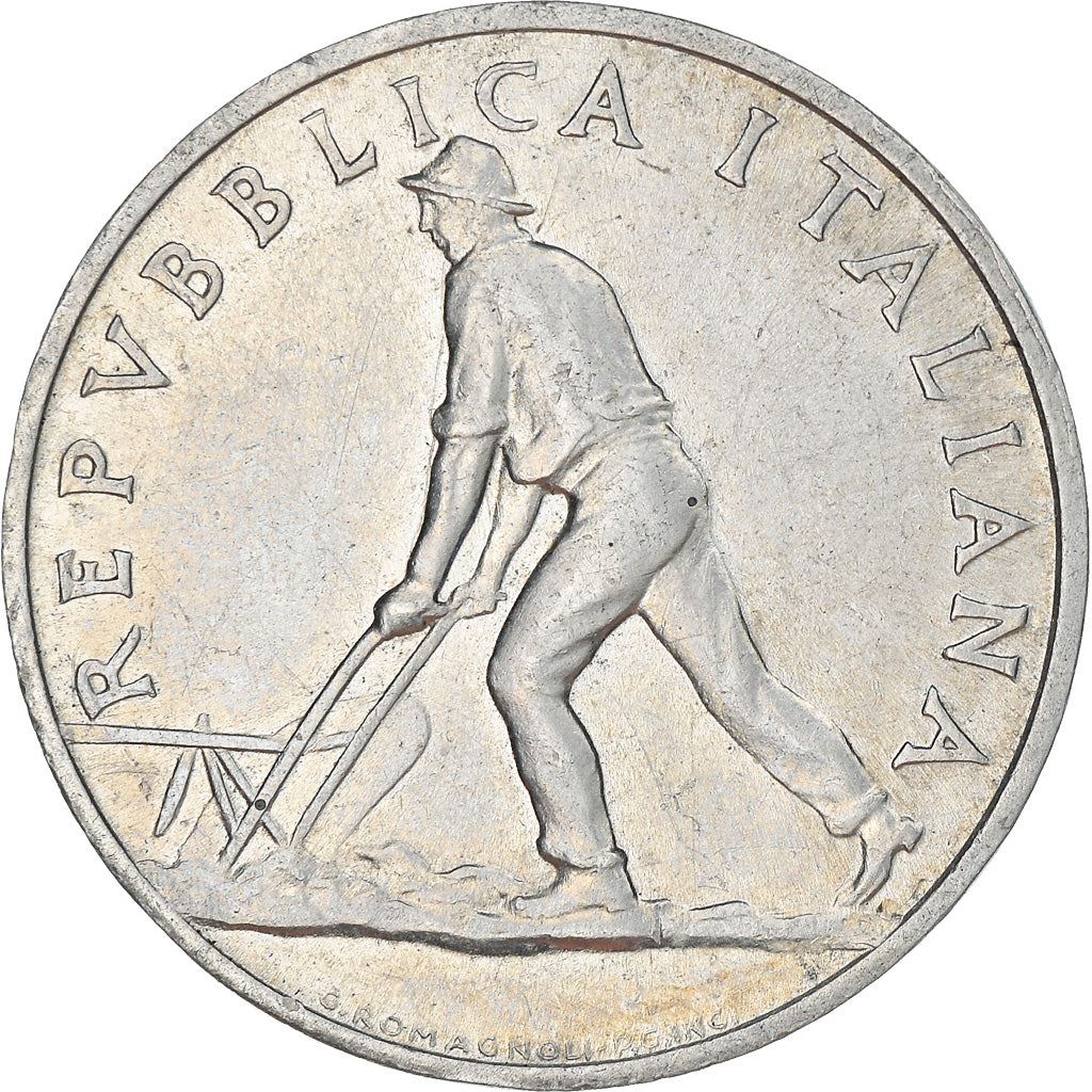 Italy | 2 Lire Coin | Farmer | Plowing Field | Wheat Ear | KM88 | 1946 - 1950