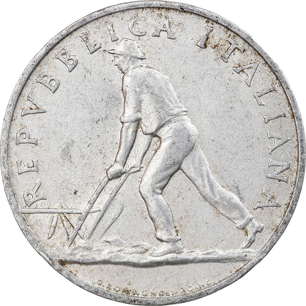 Italy | 2 Lire Coin | Farmer | Plowing Field | Wheat Ear | KM88 | 1946 - 1950