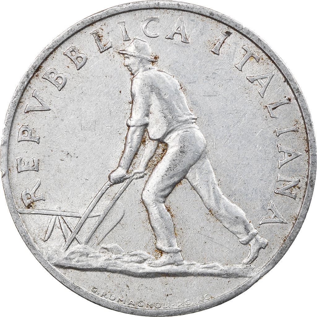 Italy | 2 Lire Coin | Farmer | Plowing Field | Wheat Ear | KM88 | 1946 - 1950