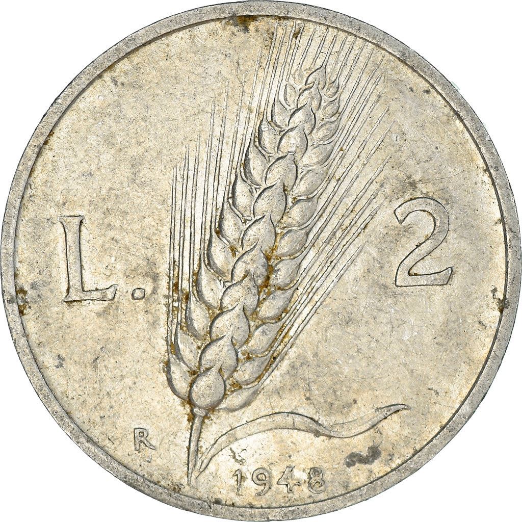 Italy | 2 Lire Coin | Farmer | Plowing Field | Wheat Ear | KM88 | 1946 - 1950