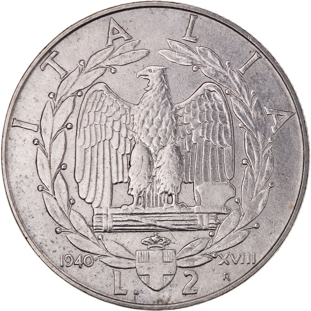 Italy 2 Lire Coin | Vittorio Emanuele III | Eagle | Fasces | Axe | KM78b | 1939 - 1943