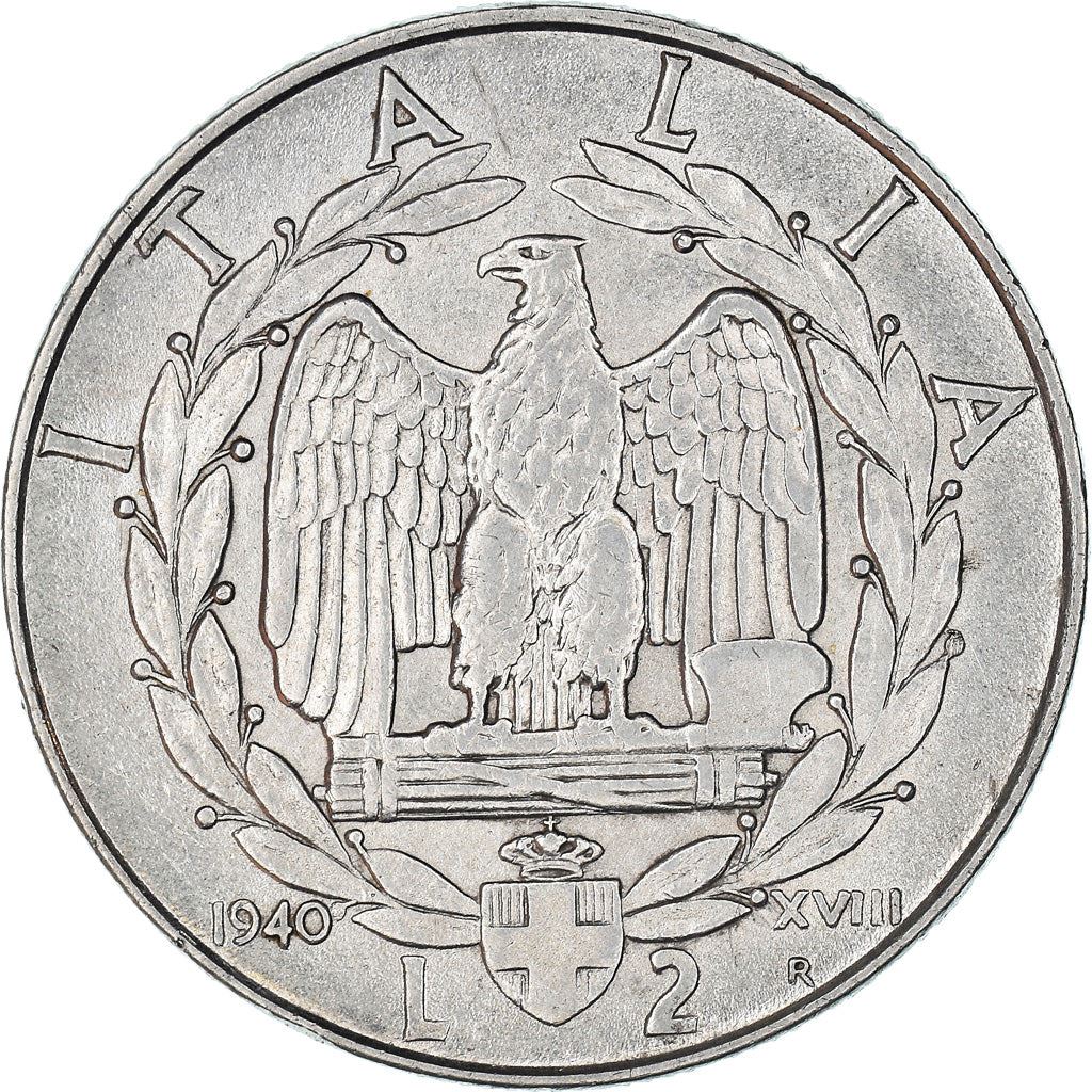 Italy 2 Lire Coin | Vittorio Emanuele III | Eagle | Fasces | Axe | KM78b | 1939 - 1943