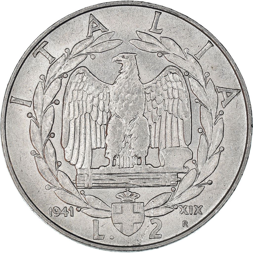 Italy 2 Lire Coin | Vittorio Emanuele III | Eagle | Fasces | Axe | KM78b | 1939 - 1943