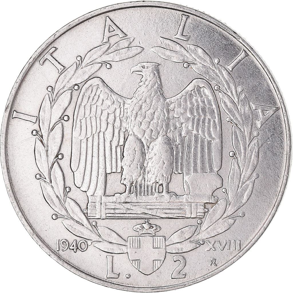 Italy 2 Lire Coin | Vittorio Emanuele III | Eagle | Fasces | Axe | KM78b | 1939 - 1943