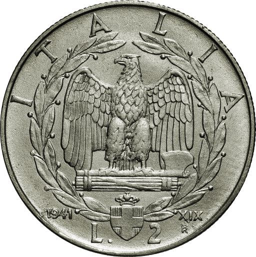 Italy 2 Lire Coin | Vittorio Emanuele III | Eagle | Fasces | Axe | KM78b | 1939 - 1943