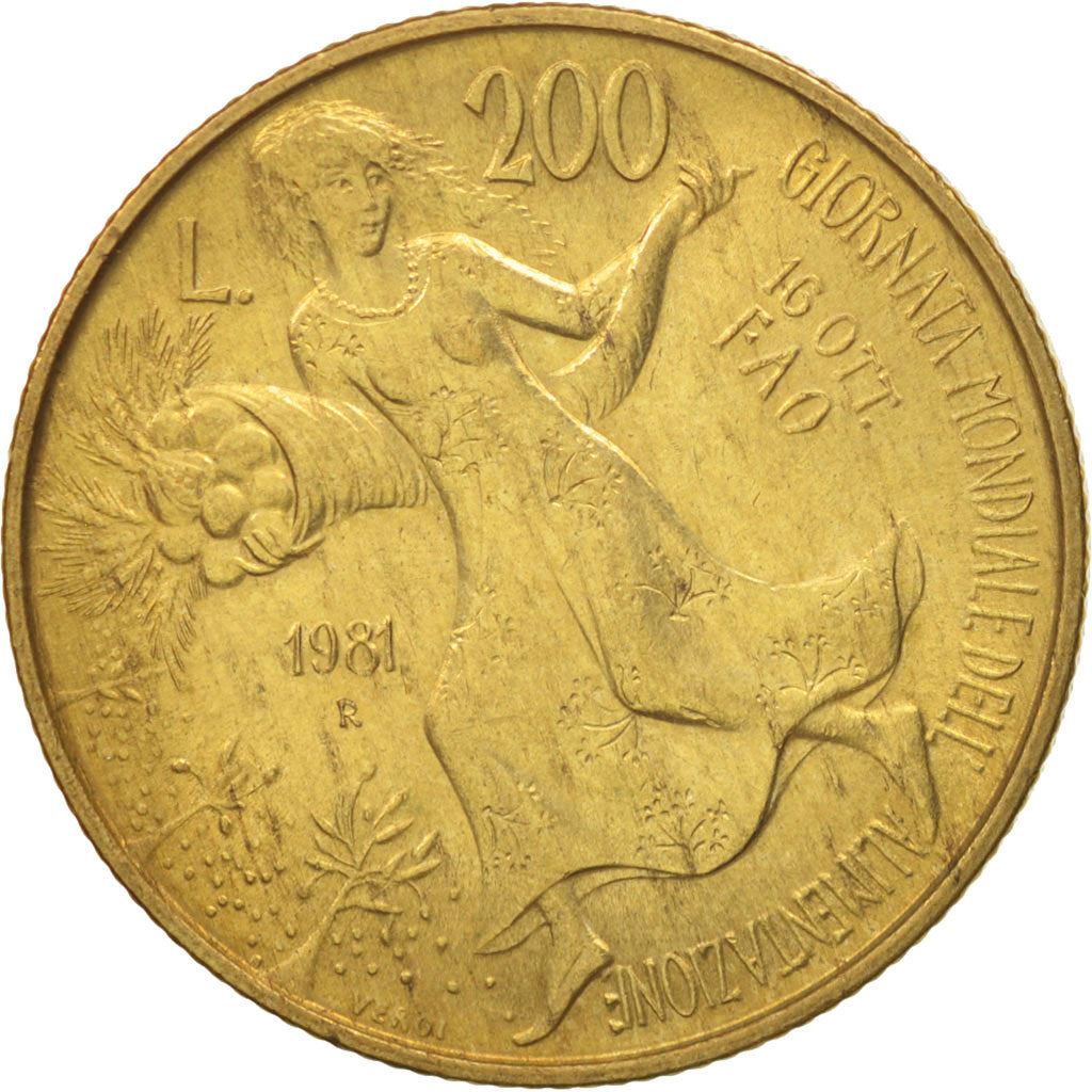 Italy 200 Lire Coin | FAO - World Food Day | Villa Lubin | Cornucopia | KM109 | 1981