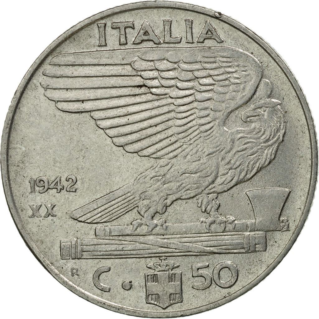 Italy 50 Centesimi Coin | Vittorio Emanuele III | Eagle | Fasces | Axe | KM76b | 1939 - 1943