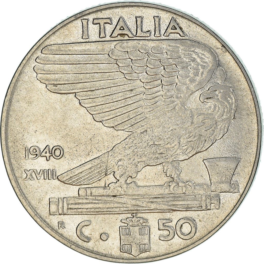 Italy 50 Centesimi Coin | Vittorio Emanuele III | Eagle | Fasces | Axe | KM76b | 1939 - 1943