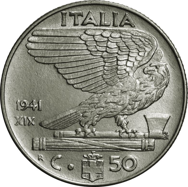 Italy 50 Centesimi Coin | Vittorio Emanuele III | Eagle | Fasces | Axe | KM76b | 1939 - 1943